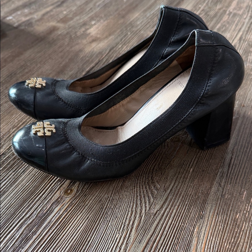 Tory Burch Black Leather Heels with Gold Logo